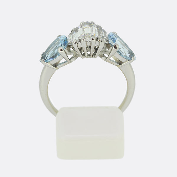 Fancy Cut Diamond and Aquamarine Five-Stone Ring