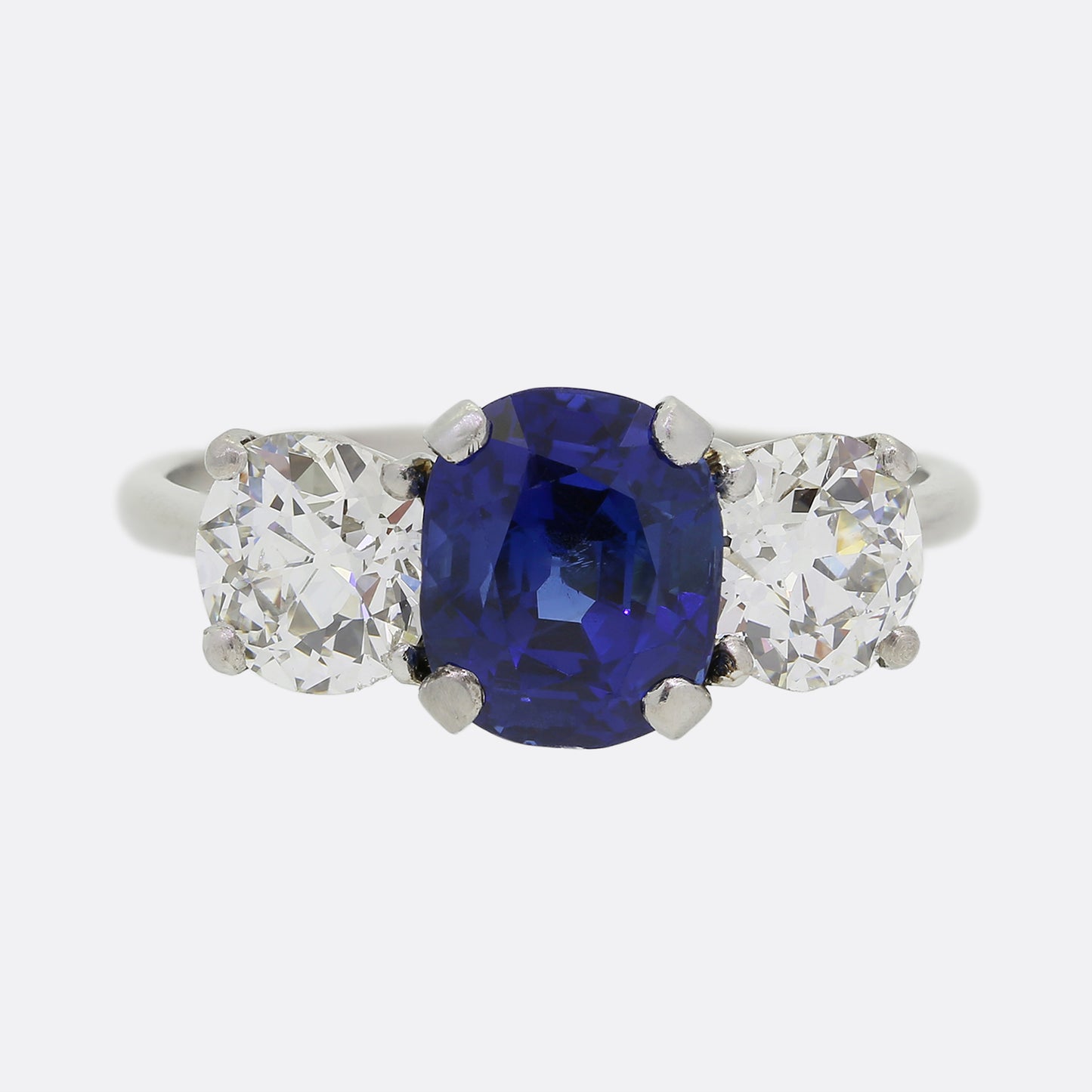 Burmese 3.10 Carat Sapphire and Old Cut Diamond Three Stone Ring