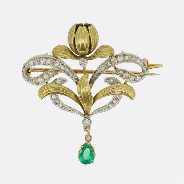 Edwardian Emerald and Diamond Drop Brooch