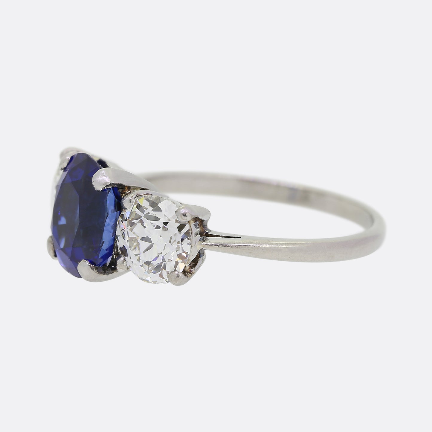 Burmese 3.10 Carat Sapphire and Old Cut Diamond Three Stone Ring