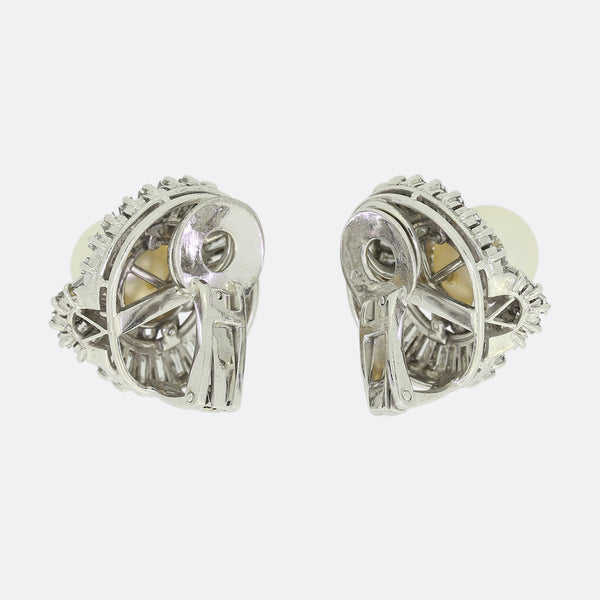 Mid Century Cultured Pearl and Diamond Earrings