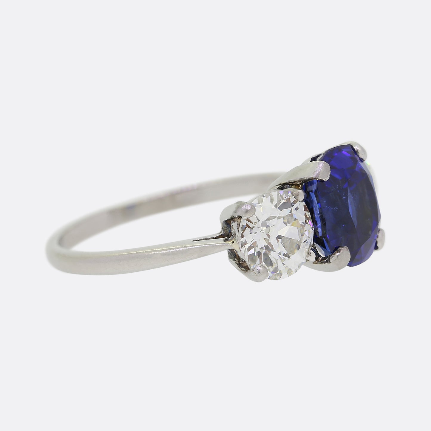Burmese 3.10 Carat Sapphire and Old Cut Diamond Three Stone Ring