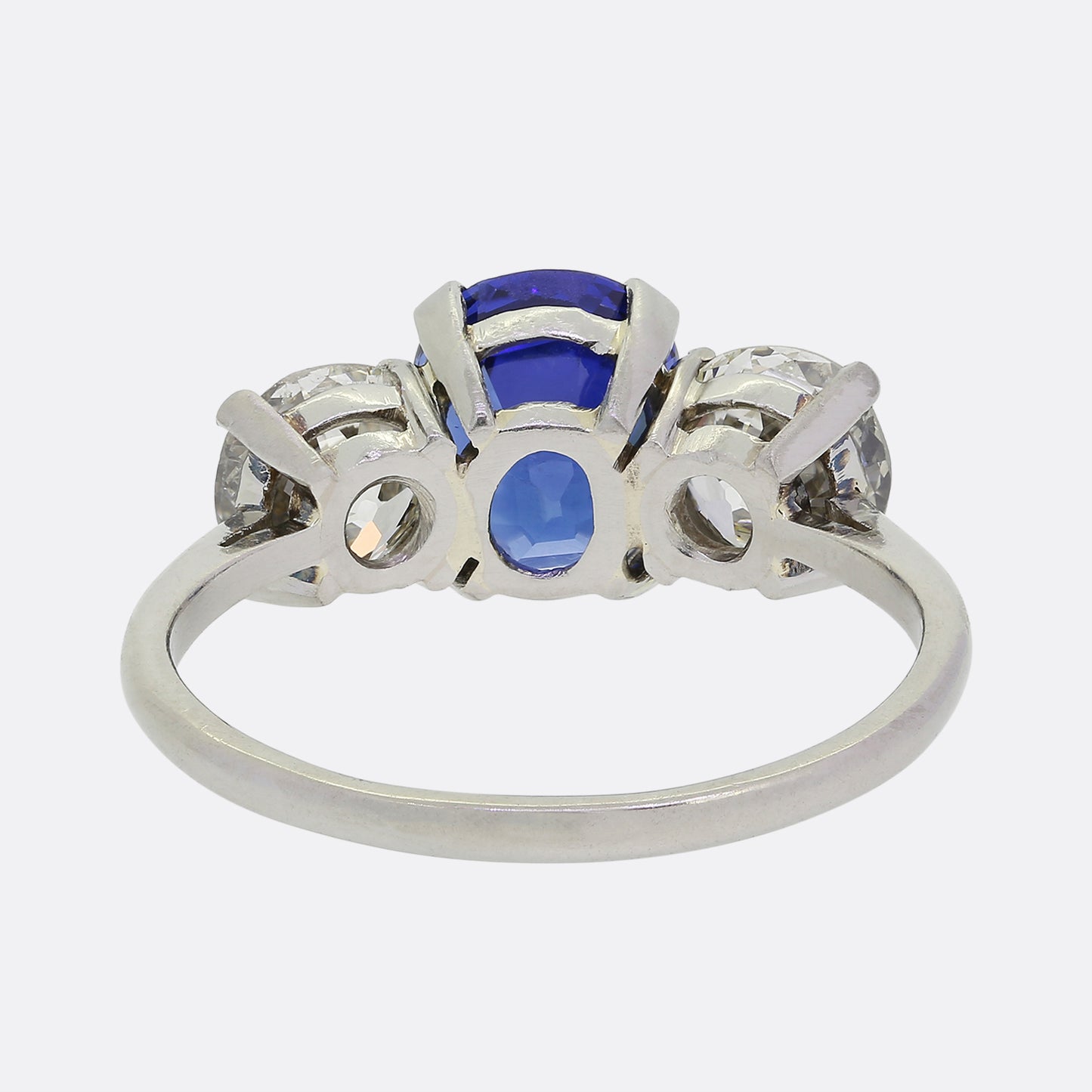 Burmese 3.10 Carat Sapphire and Old Cut Diamond Three Stone Ring