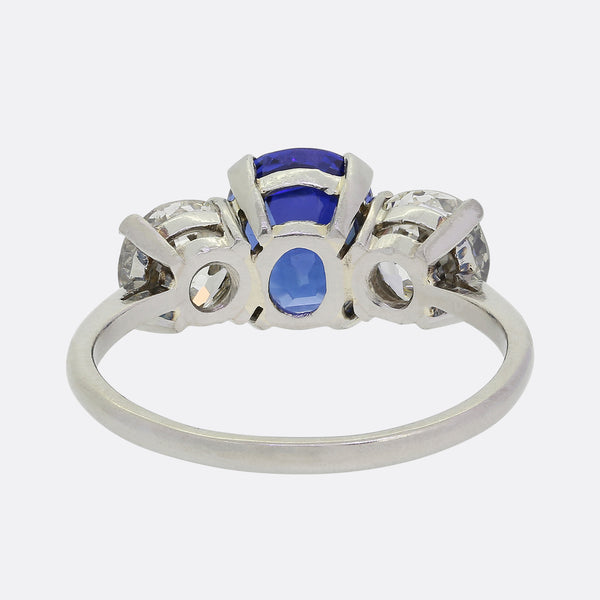Burmese 3.10 Carat Sapphire and Old Cut Diamond Three Stone Ring