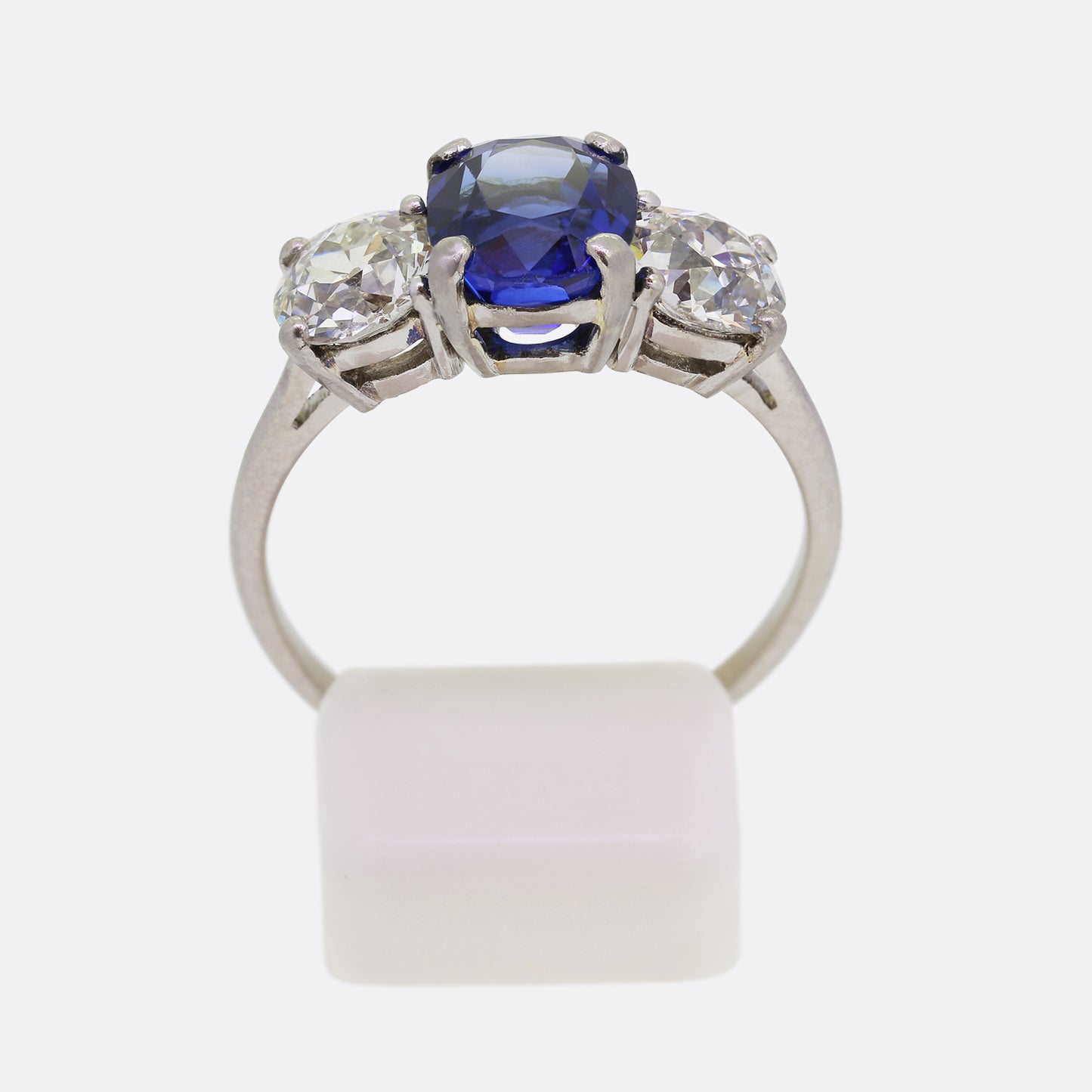 Burmese 3.10 Carat Sapphire and Old Cut Diamond Three Stone Ring