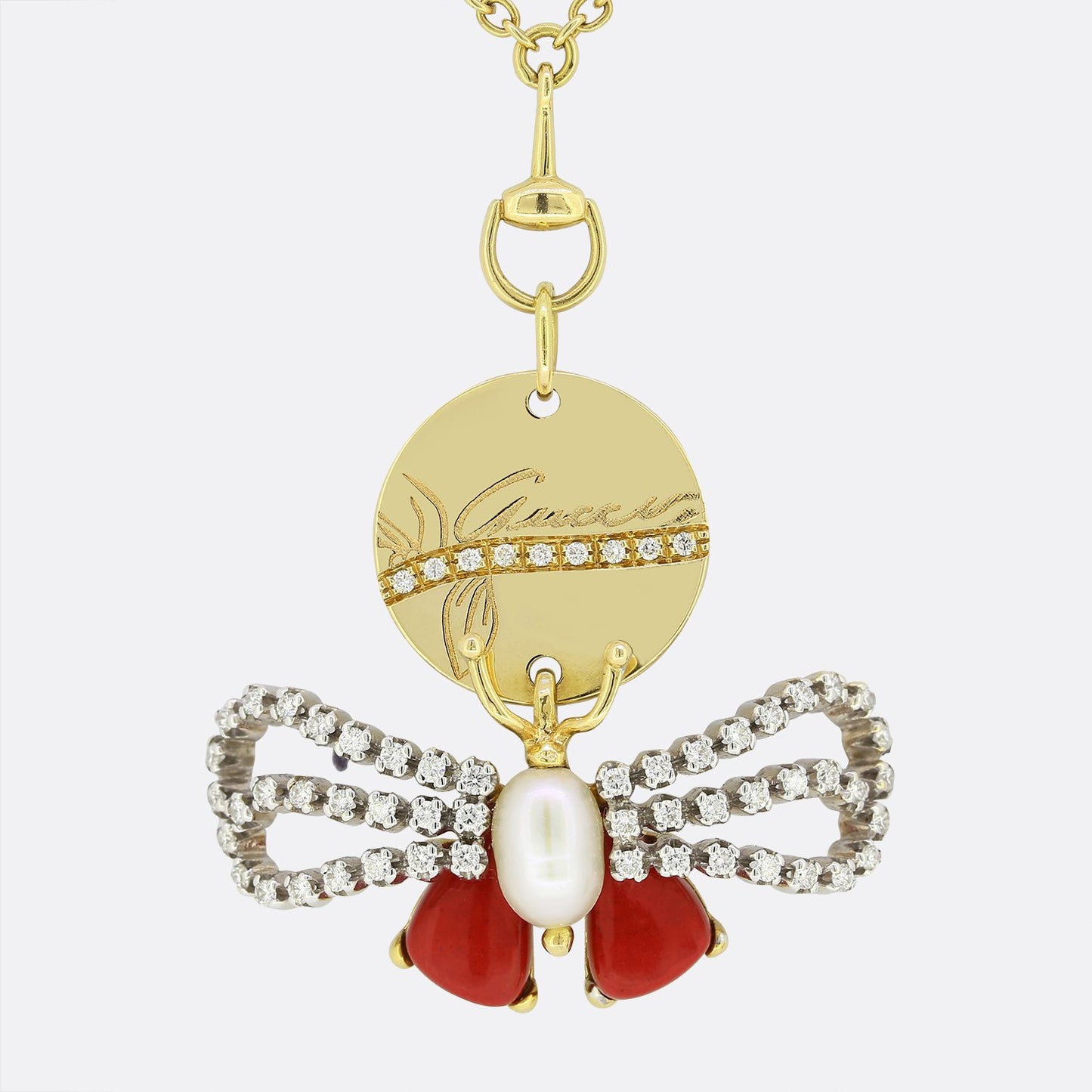Gucci Diamond Coral and Pearl Bee Necklace