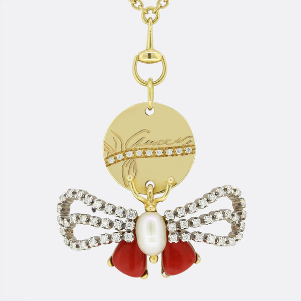 Gucci Diamond Coral and Pearl Bee Necklace