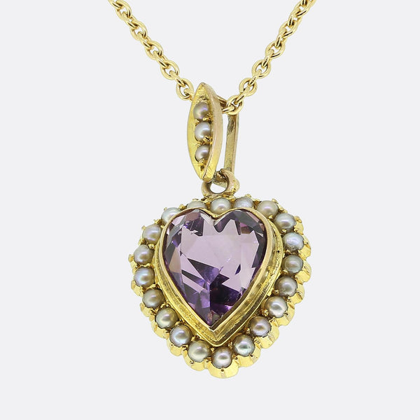 Victorian Amethyst and Pearl Heart Pendant Necklace
