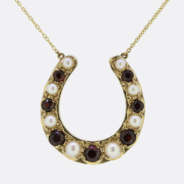 Vintage Pearl and Garnet Horseshoe Necklace