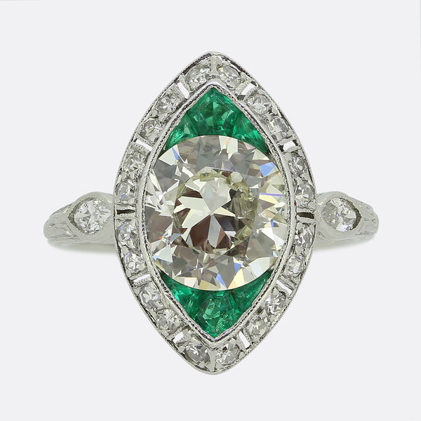 Art Deco 2.30 Carat Diamond and Emerald Navette Ring