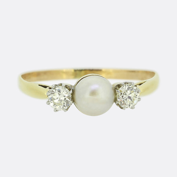 Edwardian Natural Pearl and Diamond Three-Stone Ring