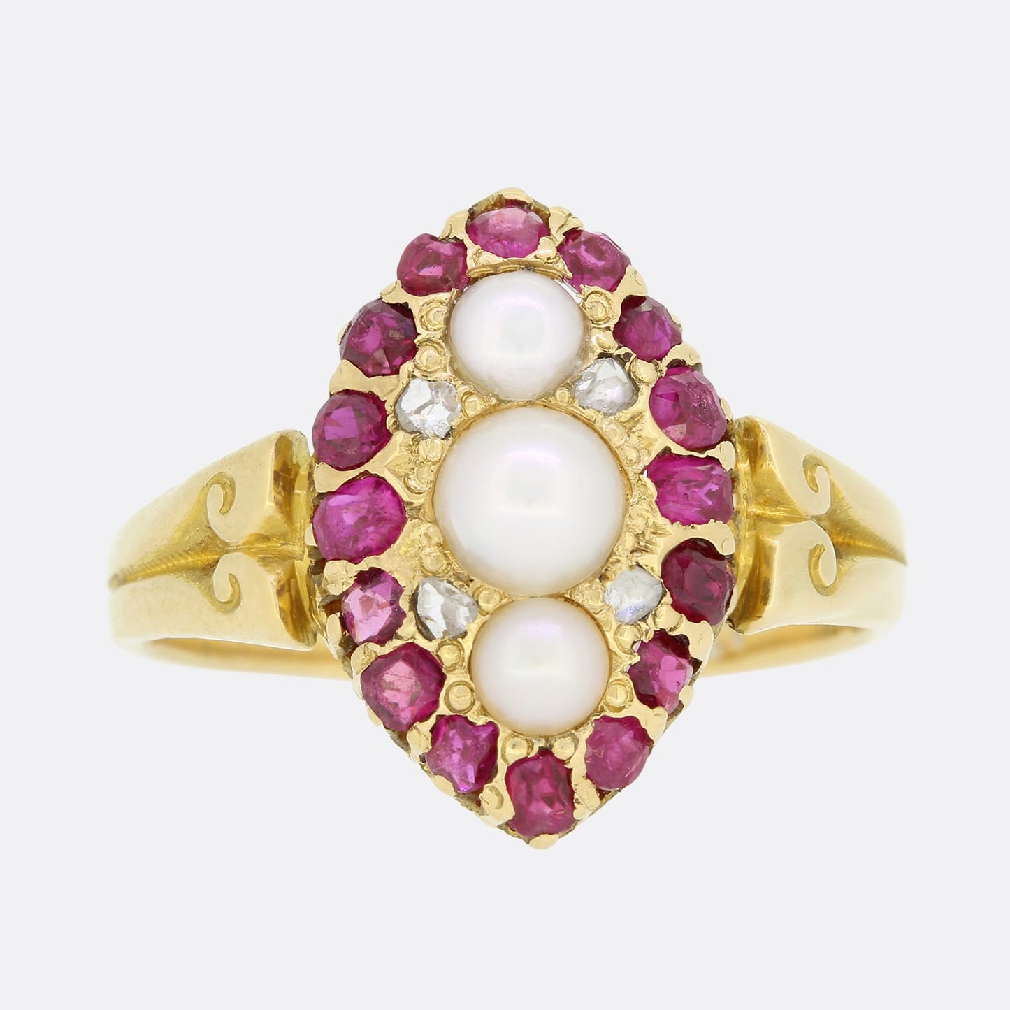 Victorian Pearl Ruby and Diamond Navette Ring