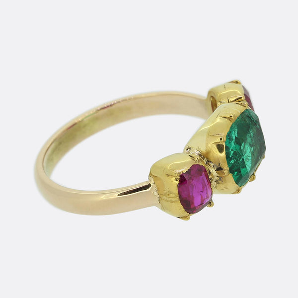 Vintage Emerald and Ruby Three-Stone Ring