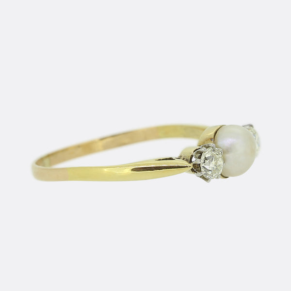 Edwardian Natural Pearl and Diamond Three-Stone Ring