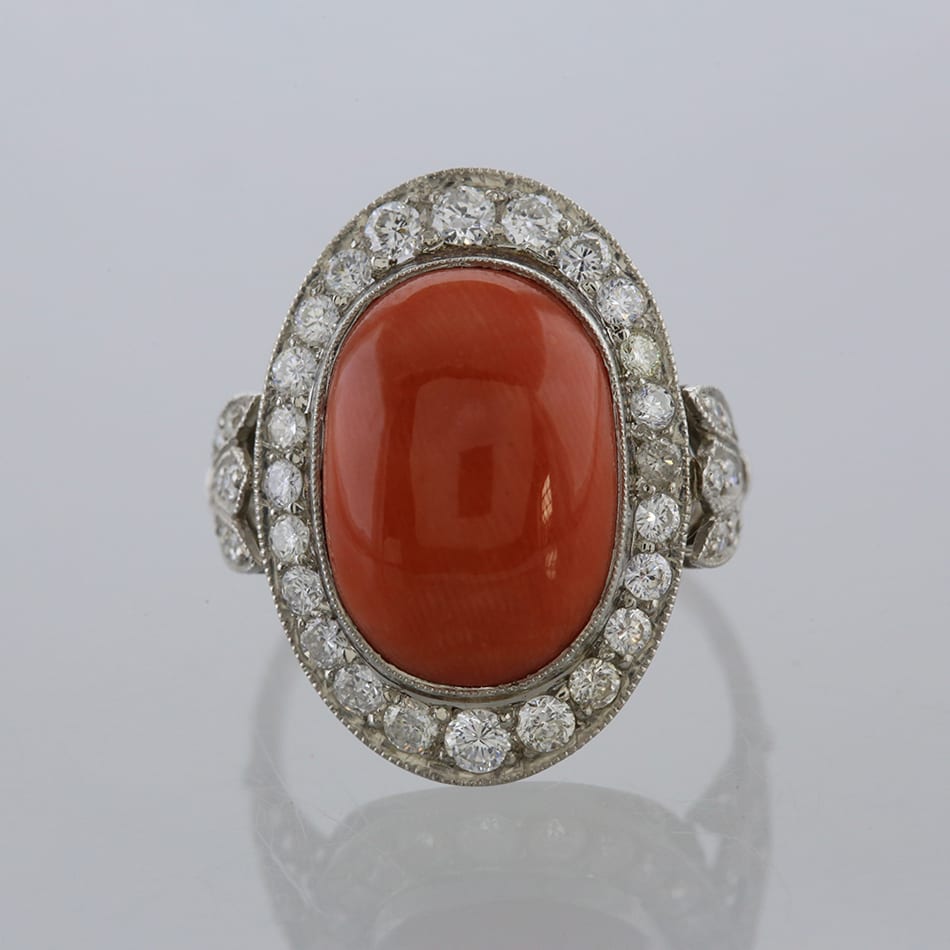 Art Deco Style Coral and Diamond Ring