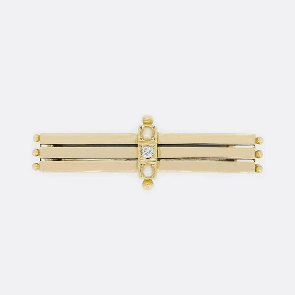 Edwardian Diamond and Pearl Triple Bar Brooch
