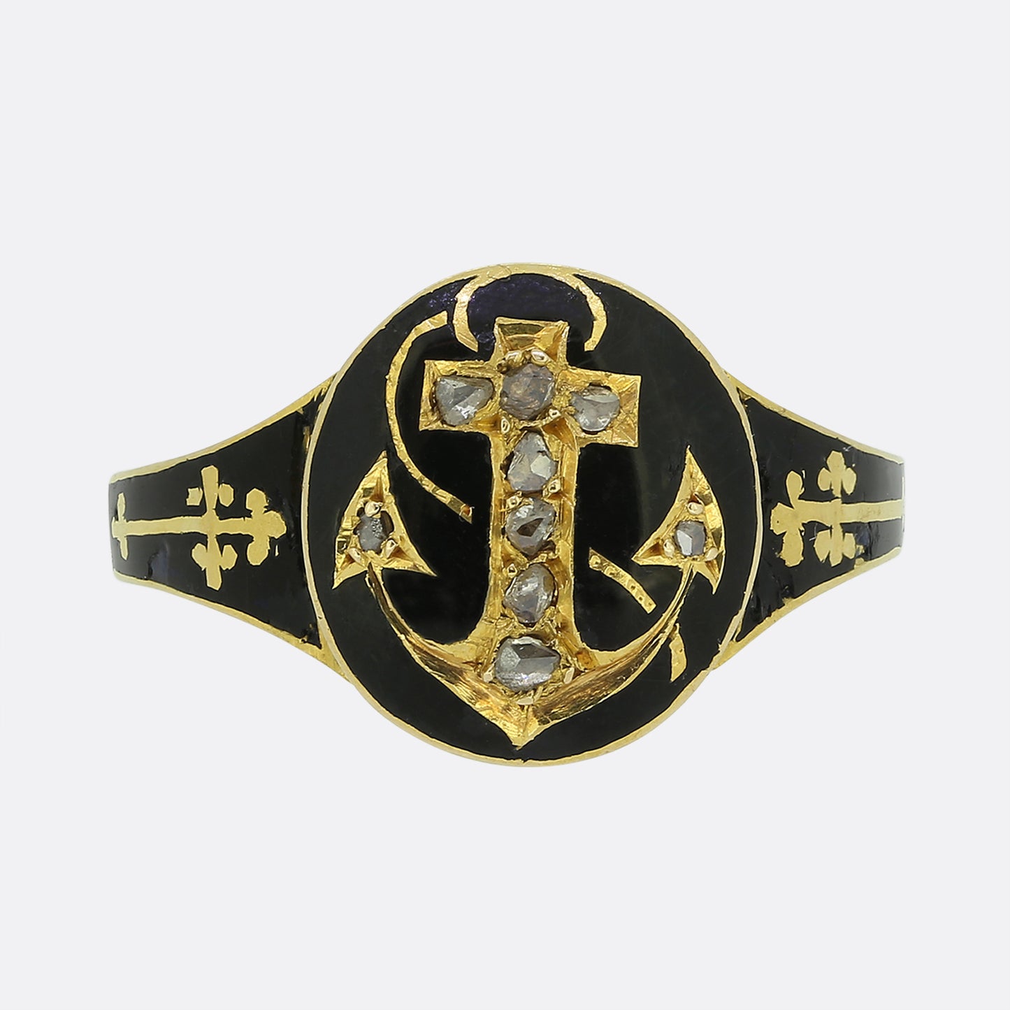 Victorian Rose Cut Diamond and Enamel Anchor Signet Ring