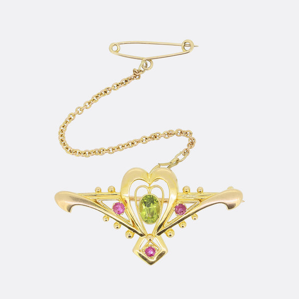 Edwardian Peridot and Ruby Bar Brooch
