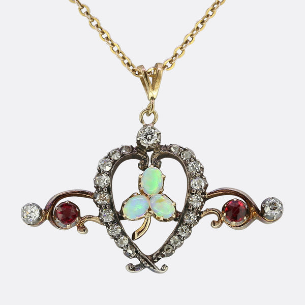 Victorian Diamond Opal and Spinel Heart Pendant Necklace