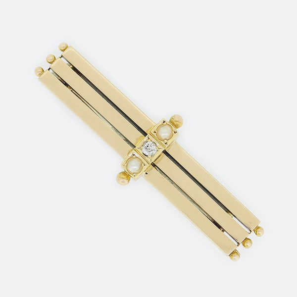 Edwardian Diamond and Pearl Triple Bar Brooch
