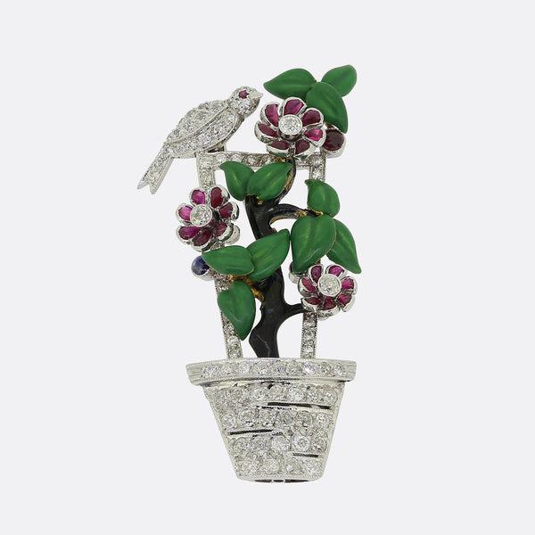 Art Deco Ruby and Diamond Flower Pot Brooch