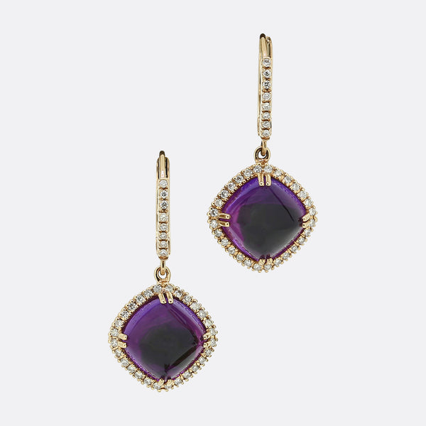Sugarloaf Cabochon Amethyst and Diamond Earrings