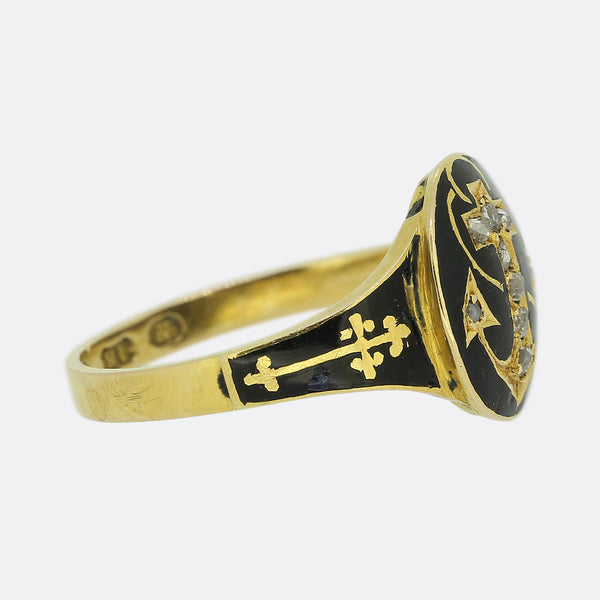 Victorian Rose Cut Diamond and Enamel Anchor Signet Ring