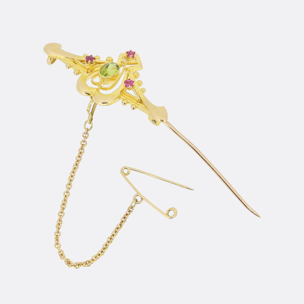 Edwardian Peridot and Ruby Bar Brooch