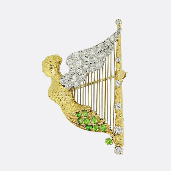 Victorian Demantoid Garnet and Diamond Angel Harp Brooch