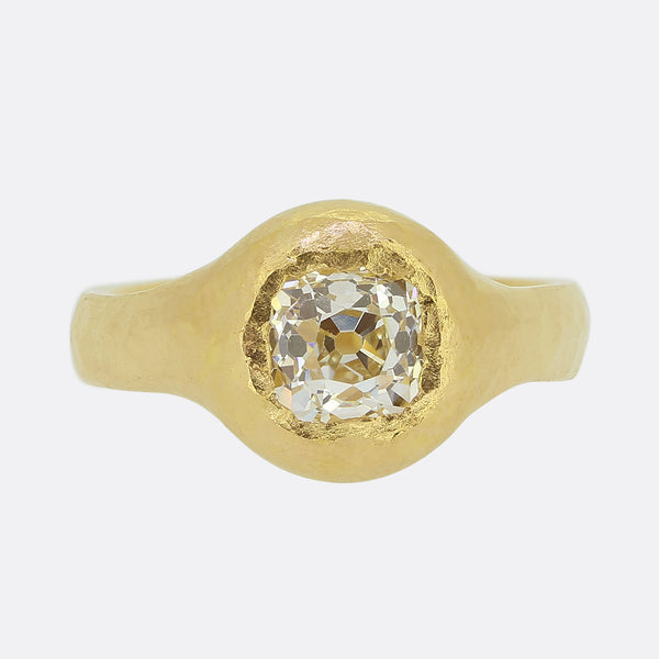 Vintage 1.16 Old Cushion Cut Diamond Hammered Ring