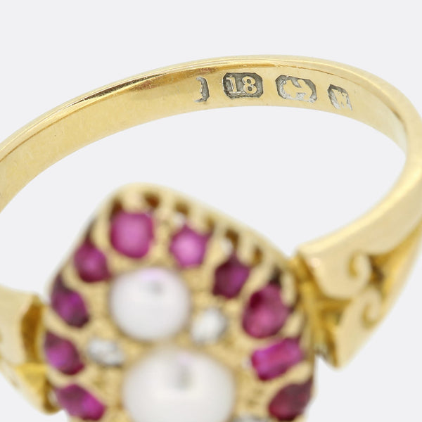 Victorian Pearl Ruby and Diamond Navette Ring