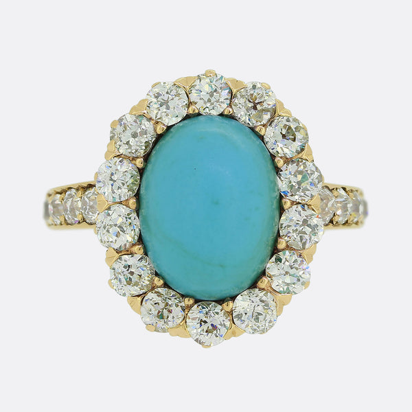 Edwardian Turquoise and Old Cut Diamond Cluster Ring