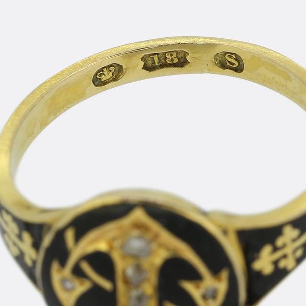 Victorian Rose Cut Diamond and Enamel Anchor Signet Ring