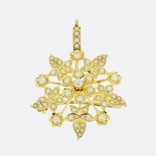 Victorian Pearl and Diamond Sunflower Brooch Pendant