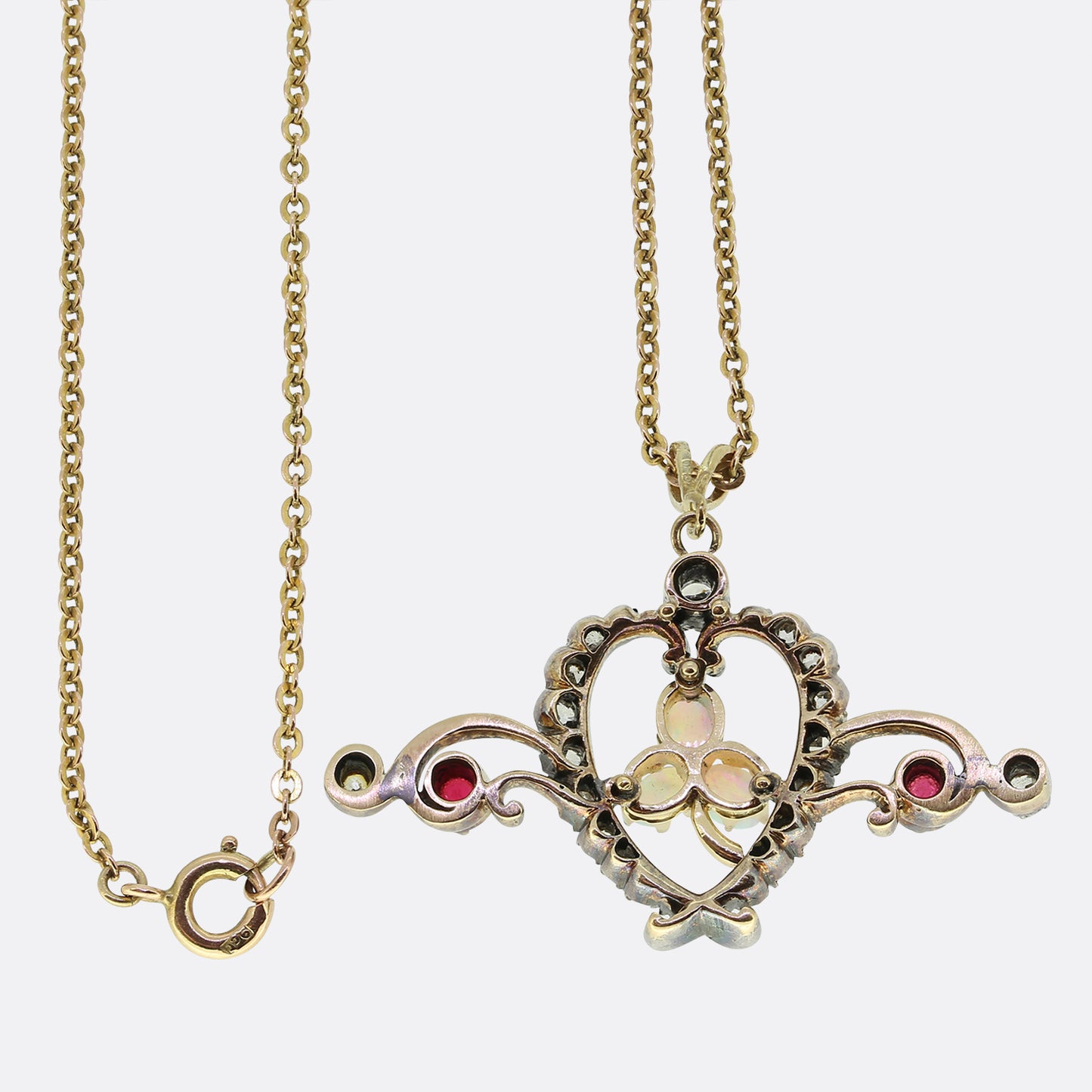 Victorian Diamond Opal and Spinel Heart Pendant Necklace