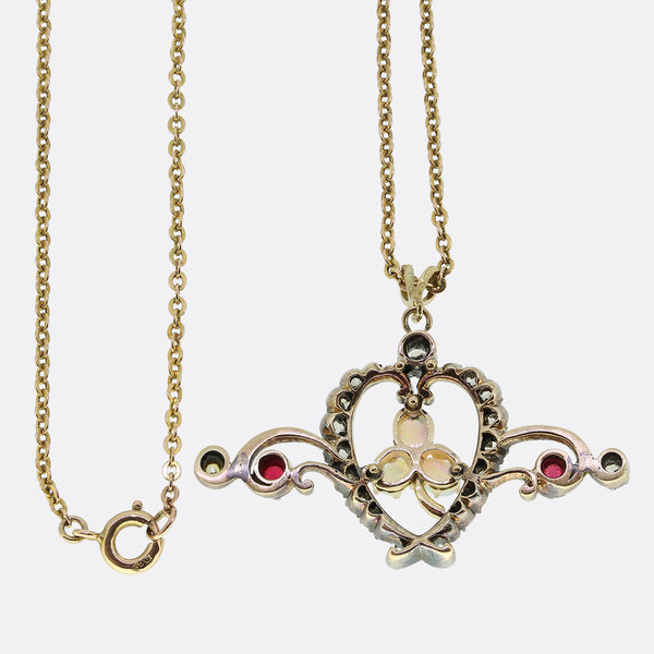 Victorian Diamond Opal and Spinel Heart Pendant Necklace