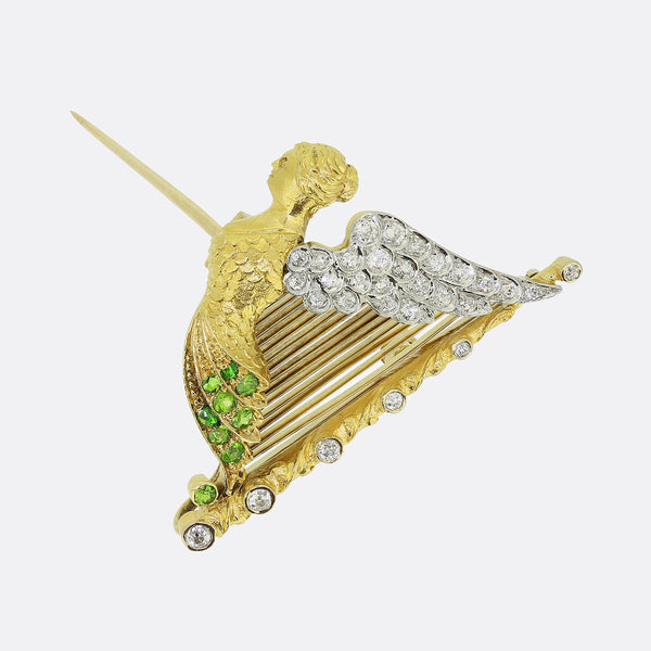 Victorian Demantoid Garnet and Diamond Angel Harp Brooch
