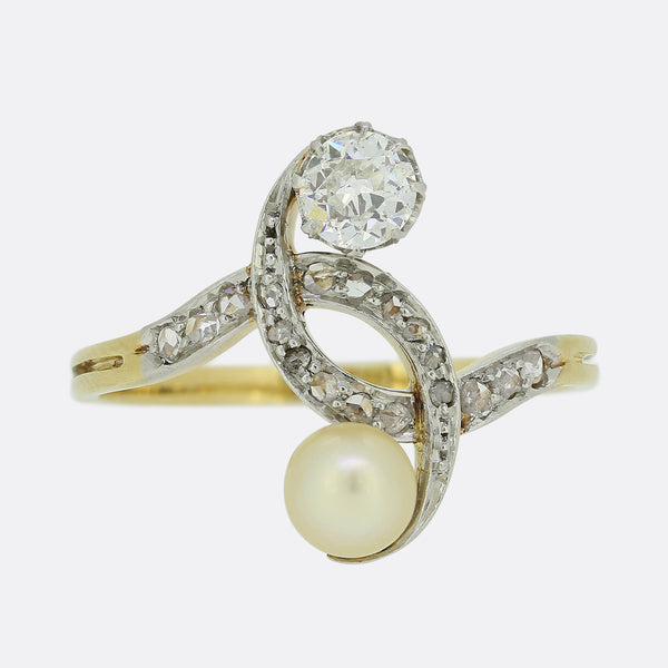 Edwardian Two Stone Pearl and Diamond Crossover Ring