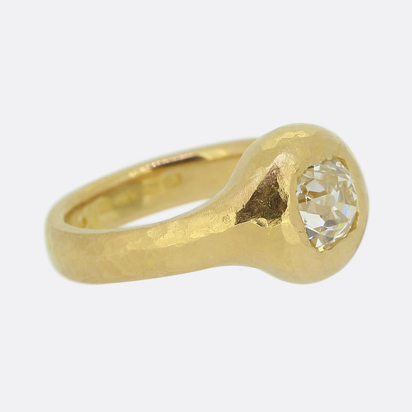 Vintage 1.16 Old Cushion Cut Diamond Hammered Ring