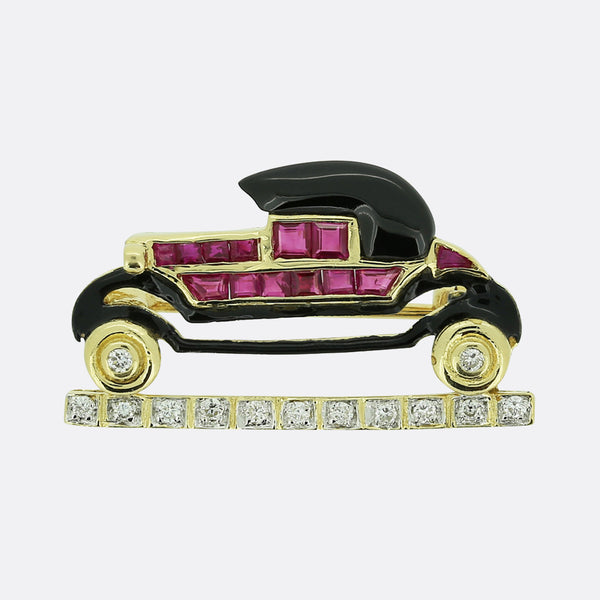 Vintage Ruby Onyx and Diamond Classic Car Brooch