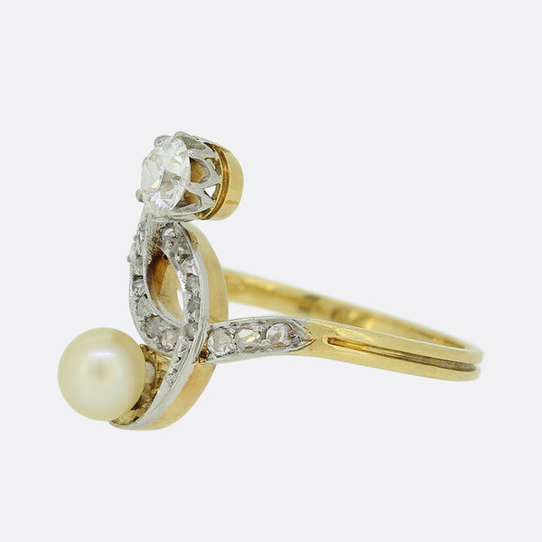 Edwardian Two Stone Pearl and Diamond Crossover Ring