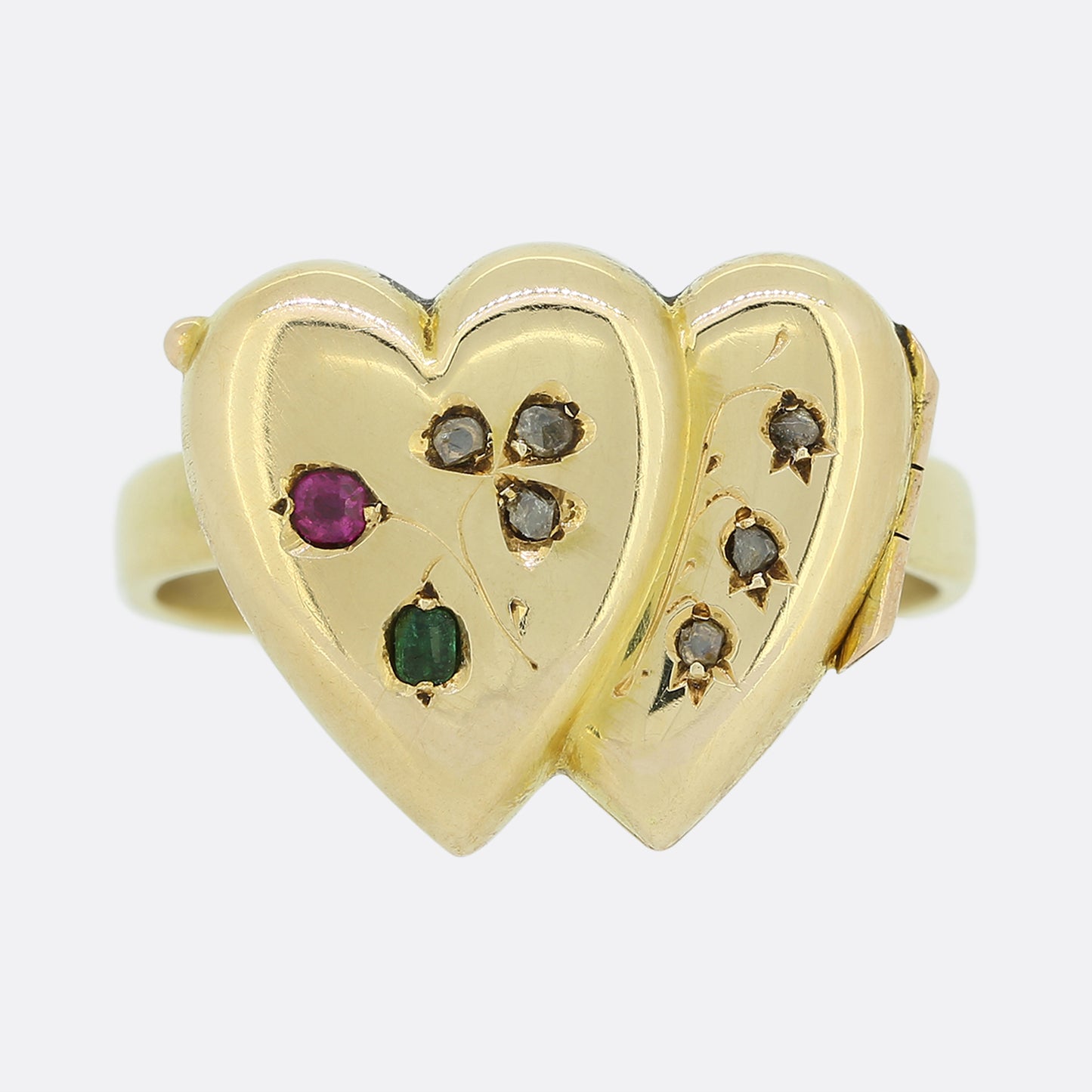 Victorian Diamond Emerald and Ruby Double Heart Locket Ring