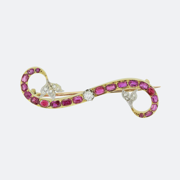 Ruby and Diamond Floral Twist Brooch