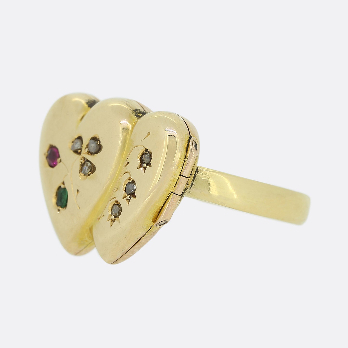 Victorian Diamond Emerald and Ruby Double Heart Locket Ring