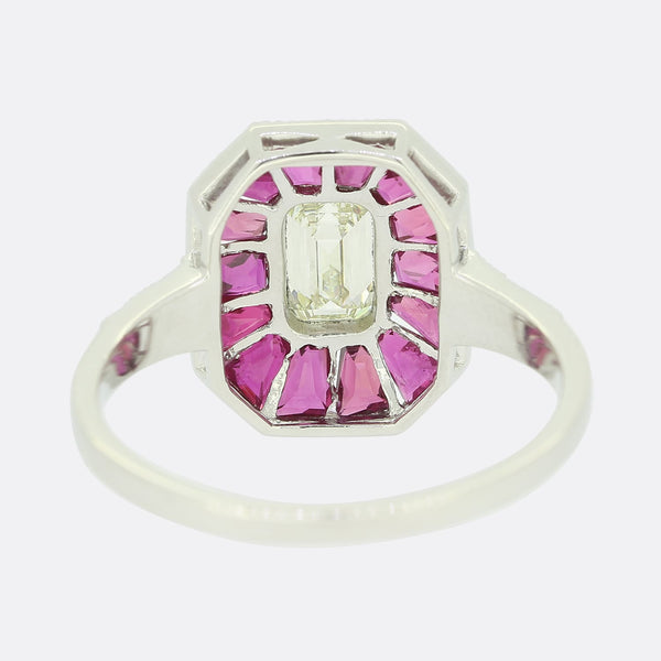 0.45 Carat Emerald Cut Diamond and Calibrated Ruby Ring