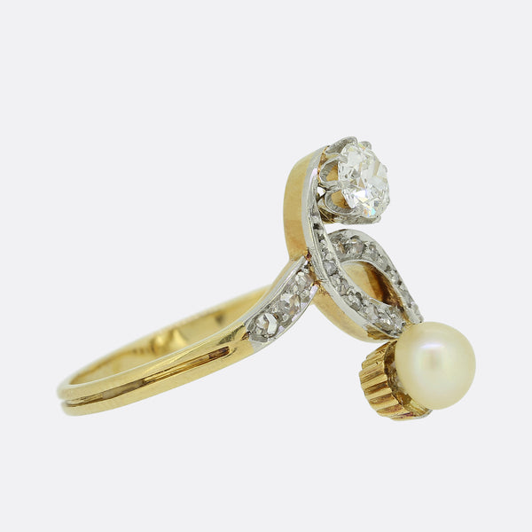 Edwardian Two Stone Pearl and Diamond Crossover Ring