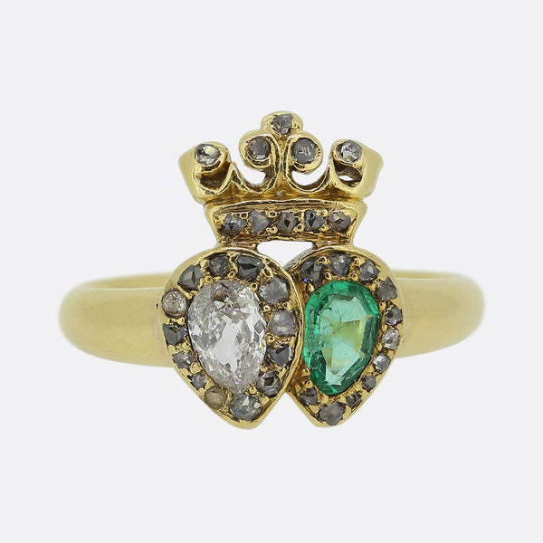 Victorian Emerald and Diamond Double Heart Ring