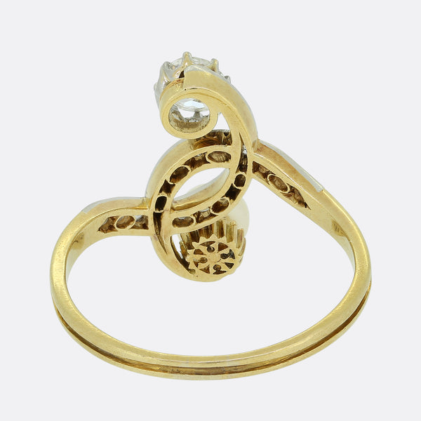 Edwardian Two Stone Pearl and Diamond Crossover Ring