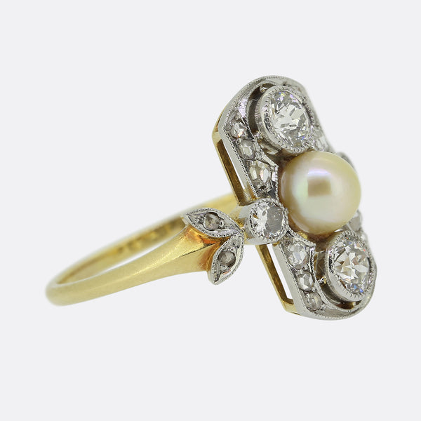 Antique Natural Pearl and Diamond Tablet Ring