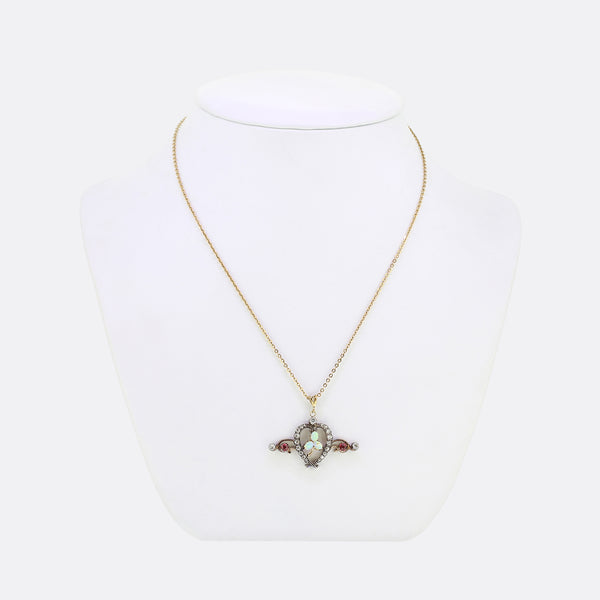 Victorian Diamond Opal and Spinel Heart Pendant Necklace